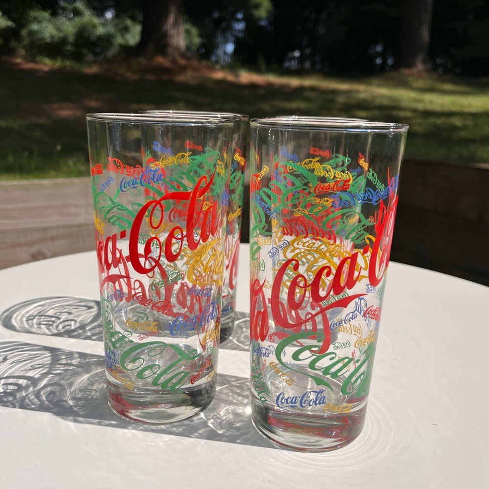 Coca-Cola 16 oz. 1987 Set of 4 Drinking Glasses Multi-color print & clear glass